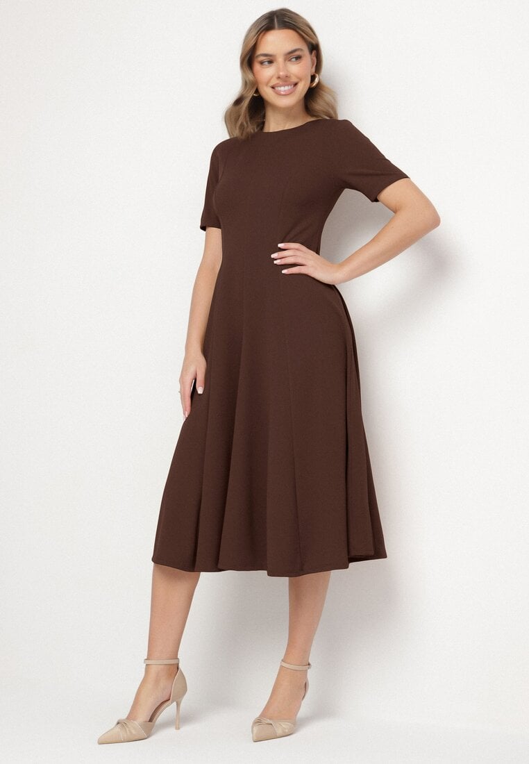 Brązowa Sukienka Rozkloszowana z Taliowaniem Telorwena