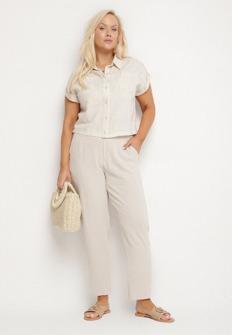 Jasnobeżowe Spodnie o Prostym Kroju z Gumką w Talii Filavia
