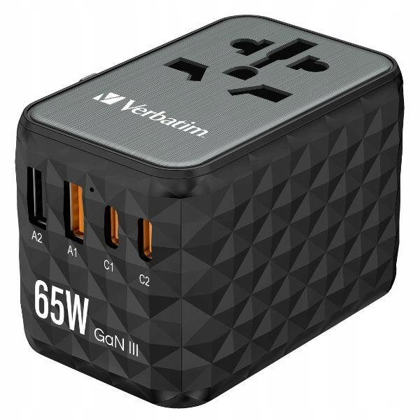 Verbatim Adapter podróżny EU/UK/US GaN 2xUSB-A/2xUSB-C PD 65W UTA-05 czarny