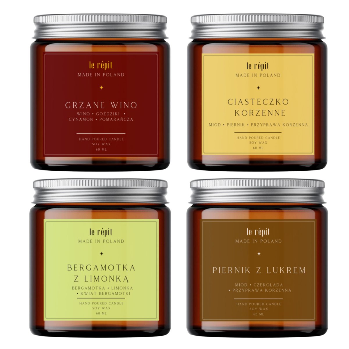 ZESTAW PREZENTOWY - Świece sojowe zapachowe 4x60 ml. HAND MADE Bergamotka z limonką, Grzane wino, Ciasteczko korzenne, Piernik z lukrem