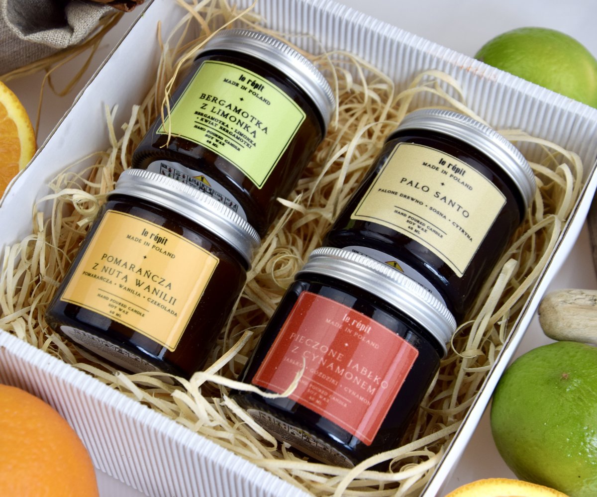 ZESTAW PREZENTOWY - Świece sojowe zapachowe 4x60 ml. HAND MADE: Pomarańcza z nutą wanilii, Pieczone jabłko z cynamonem, Palo Santo, Bergamotka z lim..