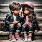 Diamentowa mozaika Dziewczynka i chłopiec siedzący na schodach 30x40cm 2001528