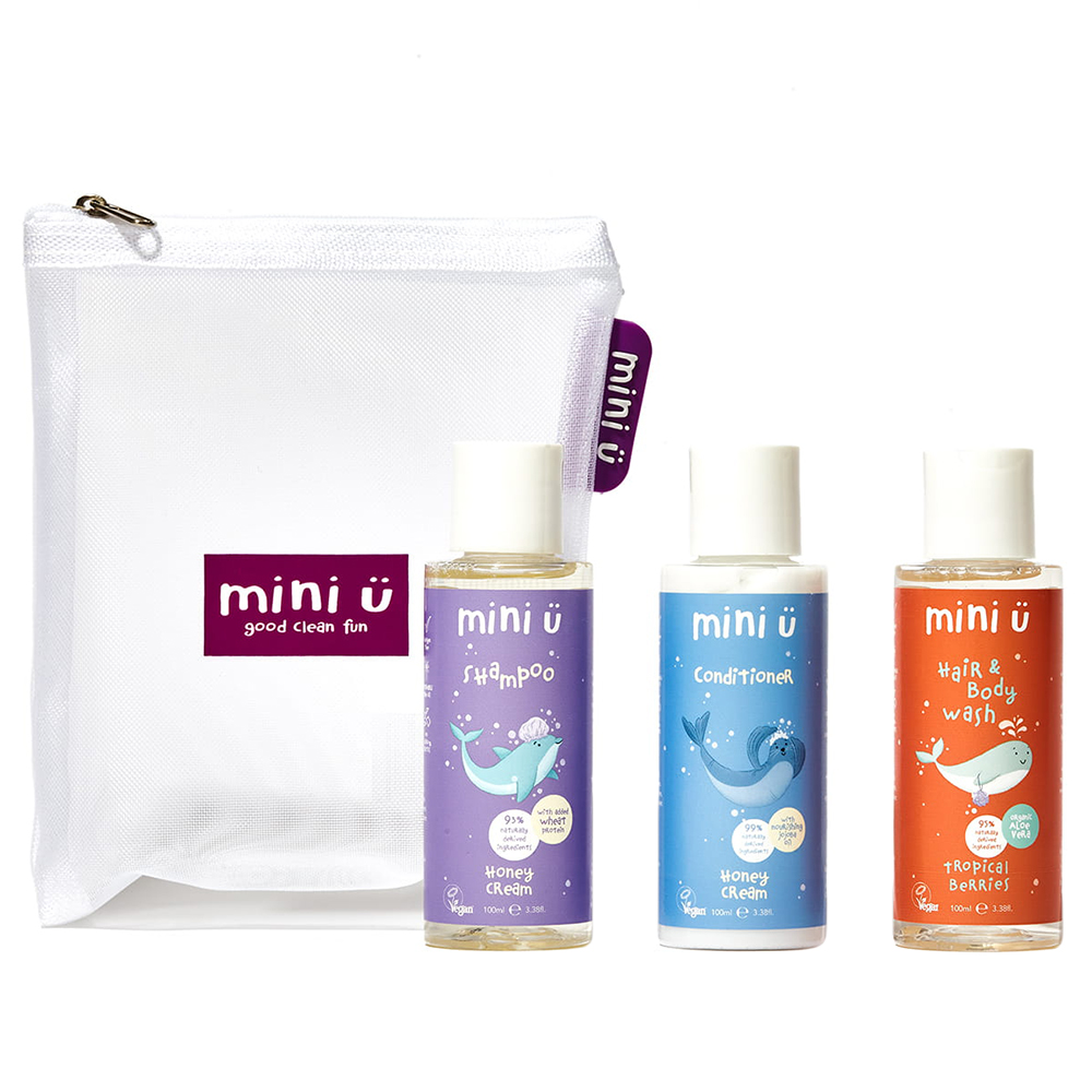 Mini U Travel Set, podróżny zestaw kosmetyków dla dzieci, z kosmetyczką, 3 x 100 ml