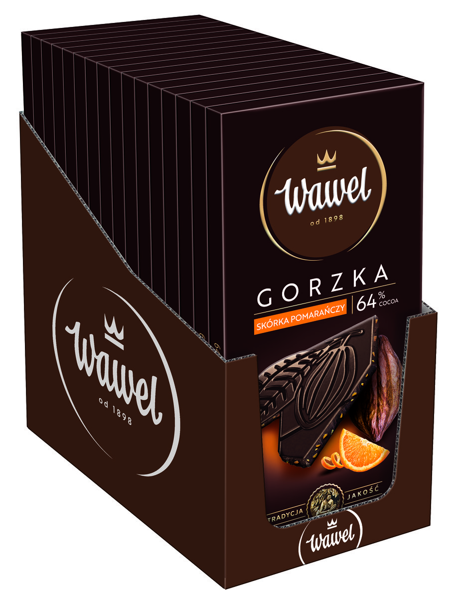 Karton Czekolada Gorzka Premium 64% ze skórką pomarańczy Wawel 90g 16 sztuk