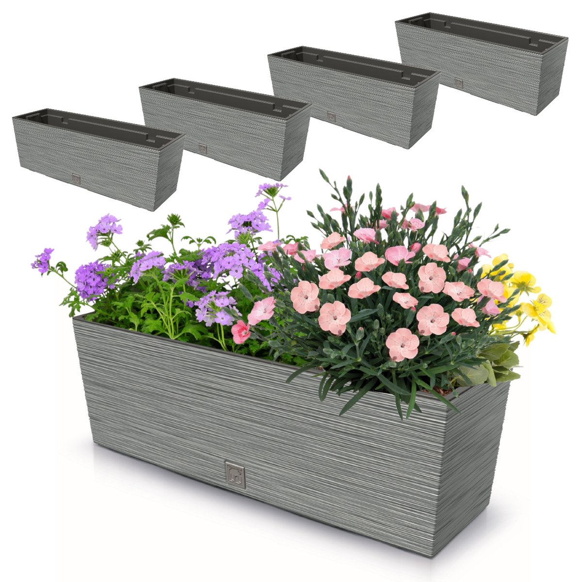 4x Doniczka 18L skrzynka balkonowa 58x19,5 cm szara + pojemny wkład 12L