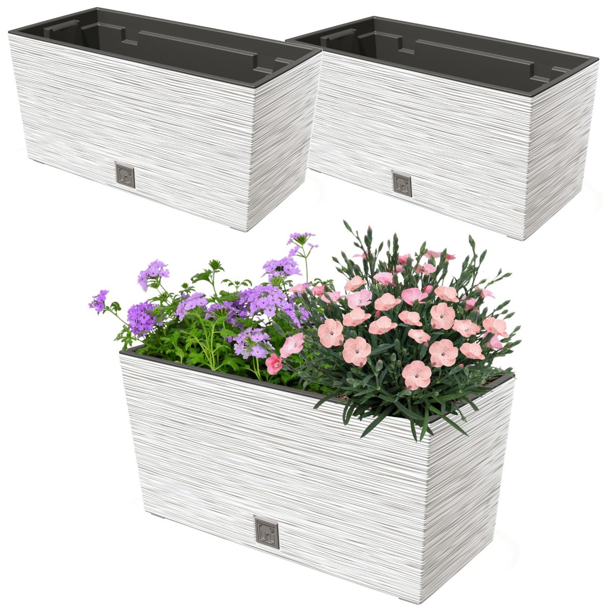 2x Doniczka 12L skrzynka balkonowa 39,5x19,5 cm biała + pojemny wkład 8L