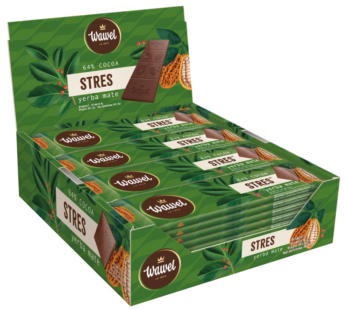 Karton MINIczekolada Stres Gorzka 64% z yerba mate i witaminami Wawel 20g 32 sztuki