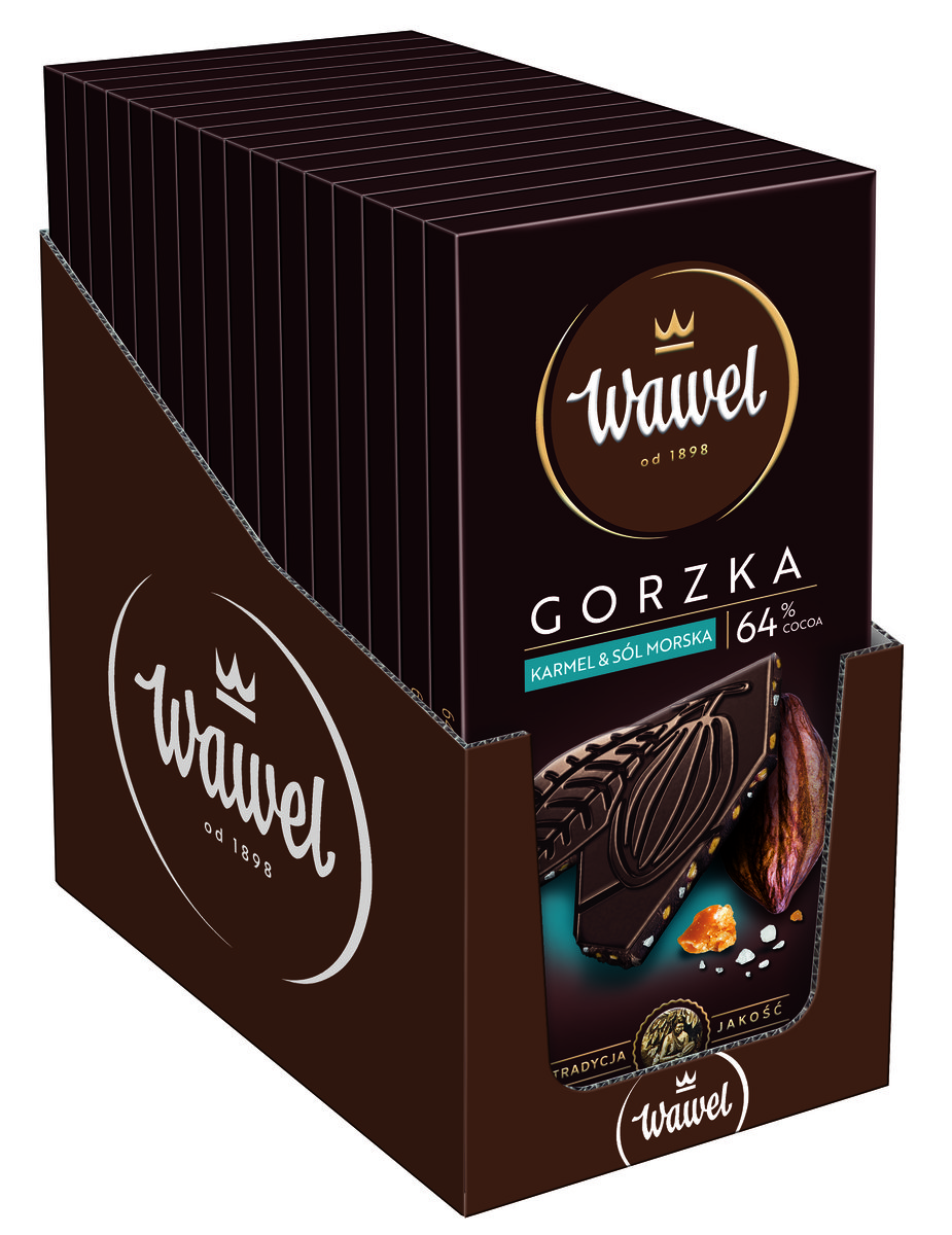 Karton Czekolada Gorzka Premium 64% karmel i sól morska Wawel 90g 16 sztuk