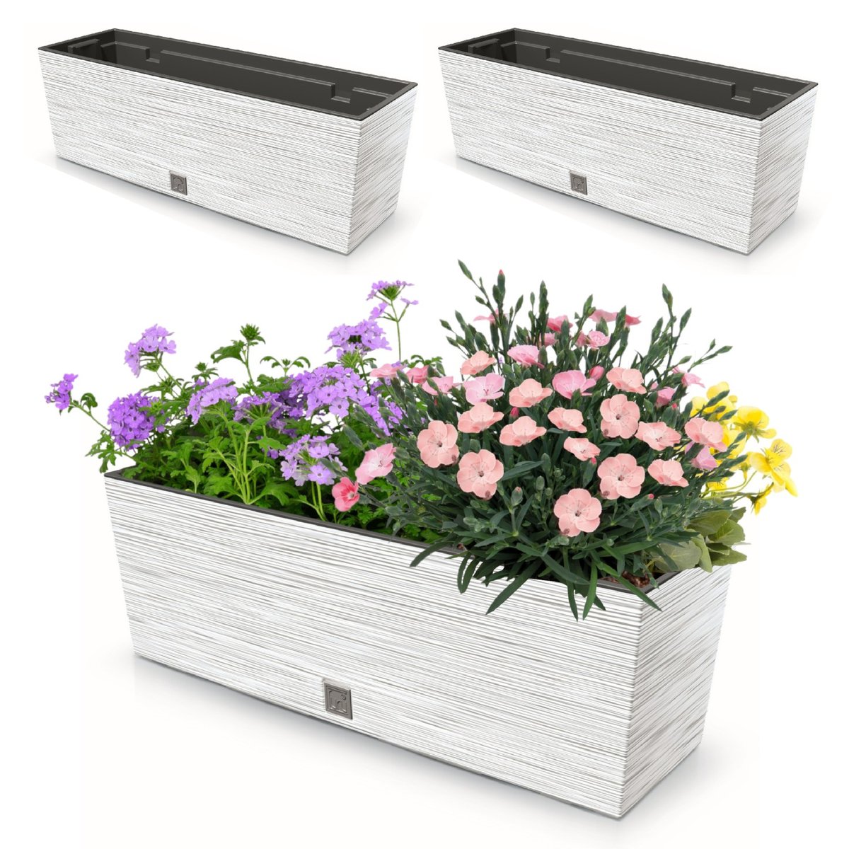 2x Doniczka 18L skrzynka balkonowa 58x19,5 cm biała + pojemny wkład 12L