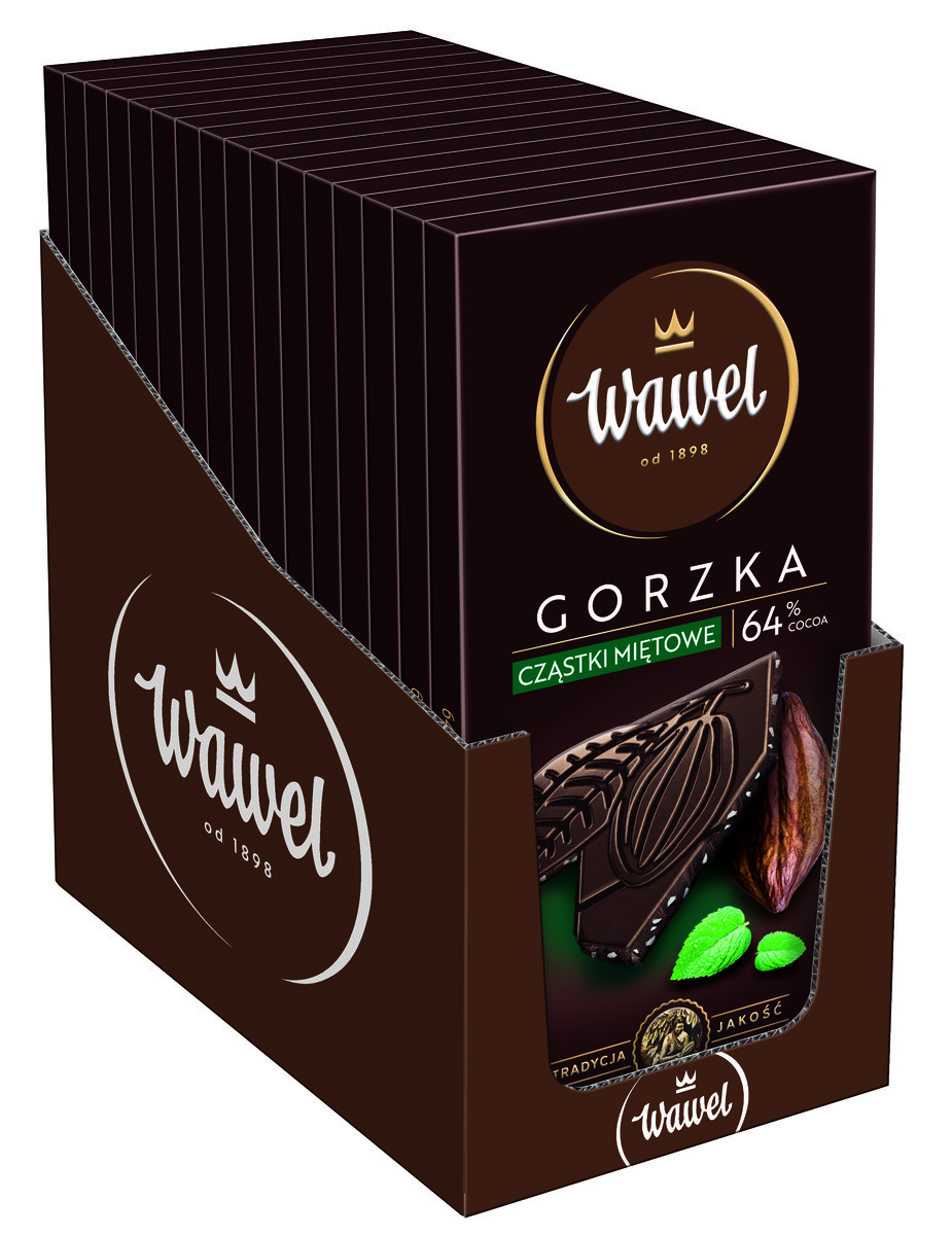 Karton Czekolada Gorzka Premium 64% z cząstkami miętowymi Wawel 90g 16 sztuk