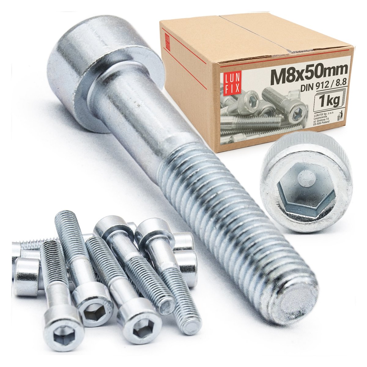Śruba imbusowa M8x50 z łbem walcowym DIN912 kl. 8.8 ampulowa ocynk 1kg