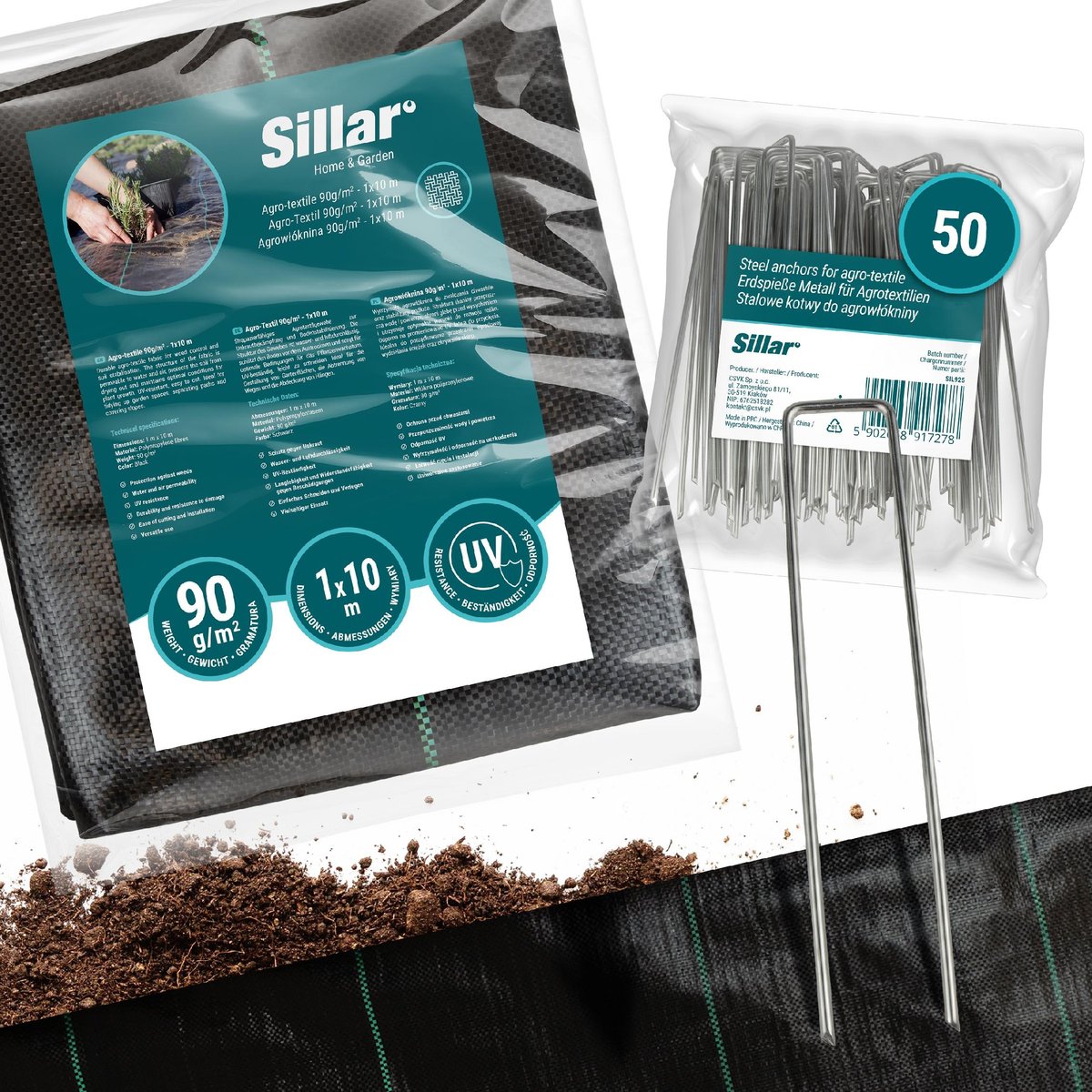 Zestaw gruba agrotkanina antychwastowa Sillar 90g/m2 1x10m + Kotwy 50x stal