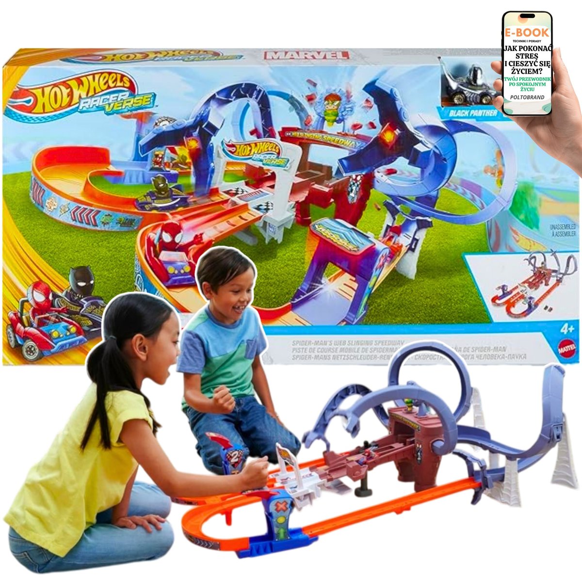 HOT WHEELS Spider-Man RaceVerse – Tor z Ruchem Doc Ock, 2 Autka, Start Rakietowy Super Zabawa Dla Dzieci 4+ 1–2 Graczy + EBOOK-1