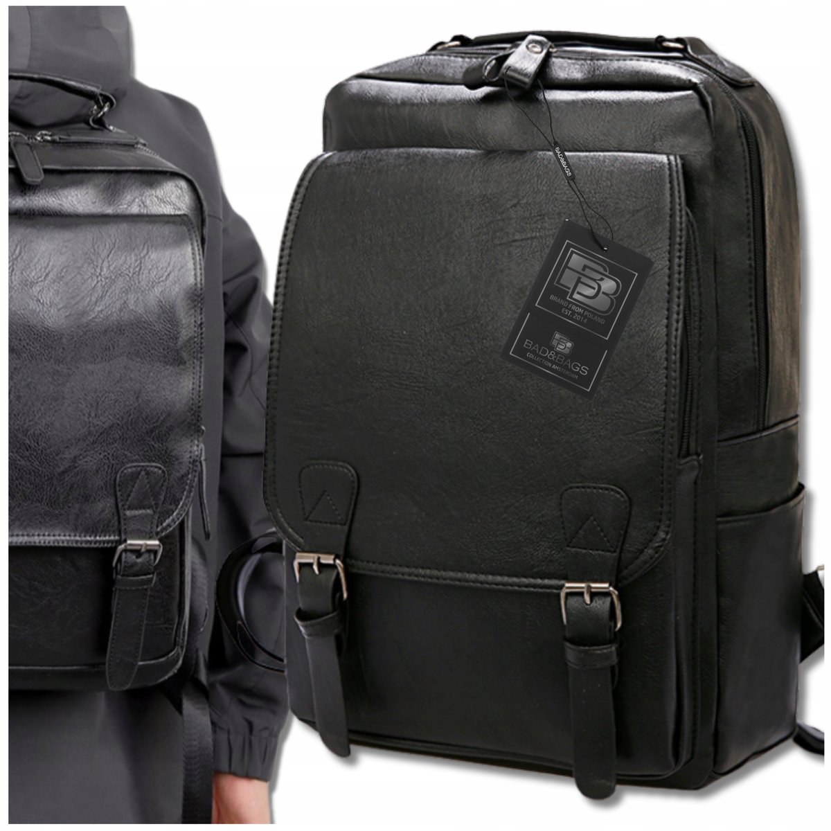 Plecak Skóra czarny do samolotu podręczny USB biznesowy kabinowy BAD&BAGS