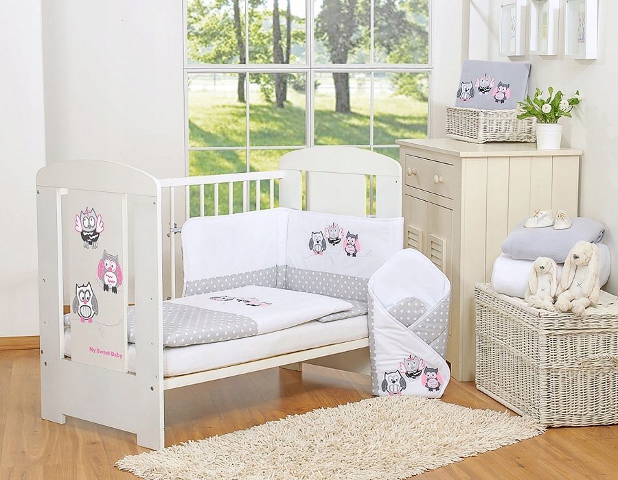 Komplet pościeli dla dzieci 135x100cm z ochraniaczem 3-cz Sówki szare z haf