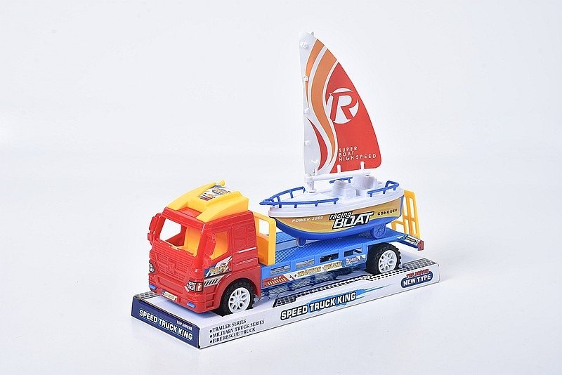 auto z lawetą i łódką, napęd na koło zam; 29x12,5x8,5cm