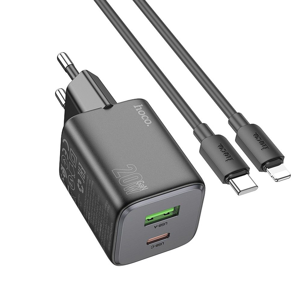 HOCO ładowarka sieciowa USB A + typ C + kabel Typ C do Lightning PD QC 3A 20W N41 czarna