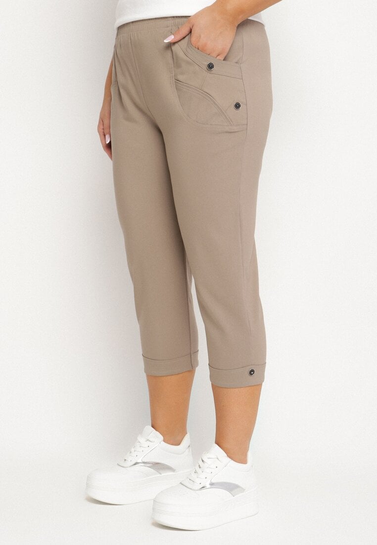 Beżowe Spodnie z Wiskozą i Ozdobnymi Guzikami Lireza