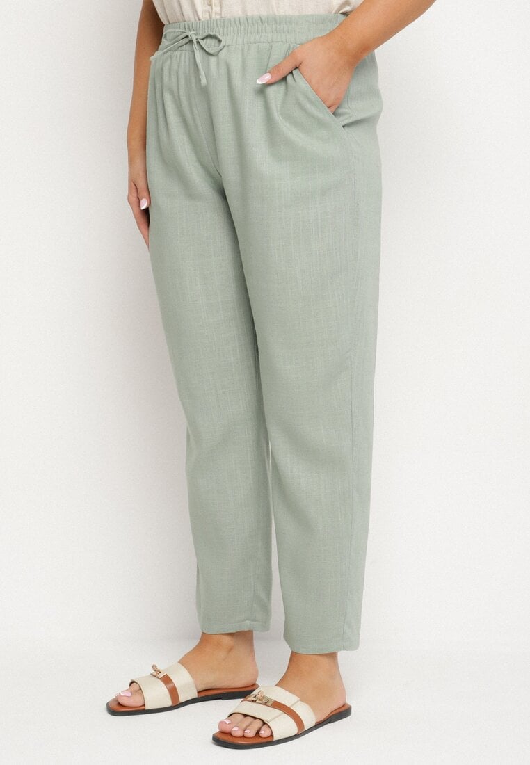 Zielone Spodnie z Lnem i Elastyczną Gumką w Pasie Nativena