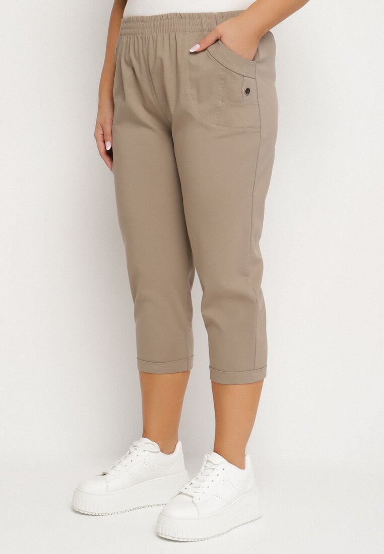 Beżowe Spodnie z Wiskozą Ozdobione Kieszeniami Liranta