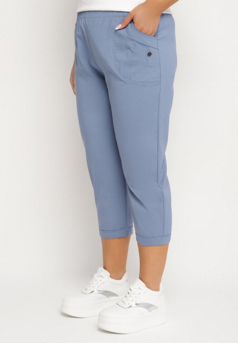 Niebieskie Spodnie z Wiskozą Ozdobione Kieszeniami Liranta