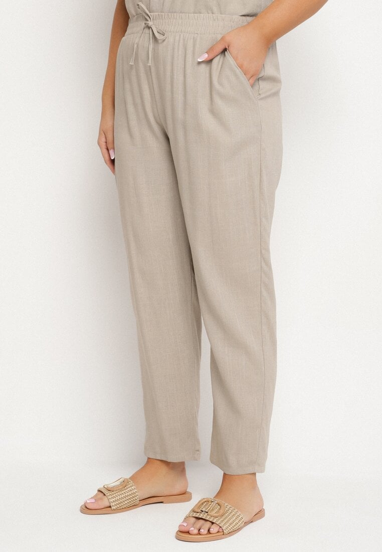 Beżowe Spodnie z Lnem i Elastyczną Gumką w Pasie Nativena
