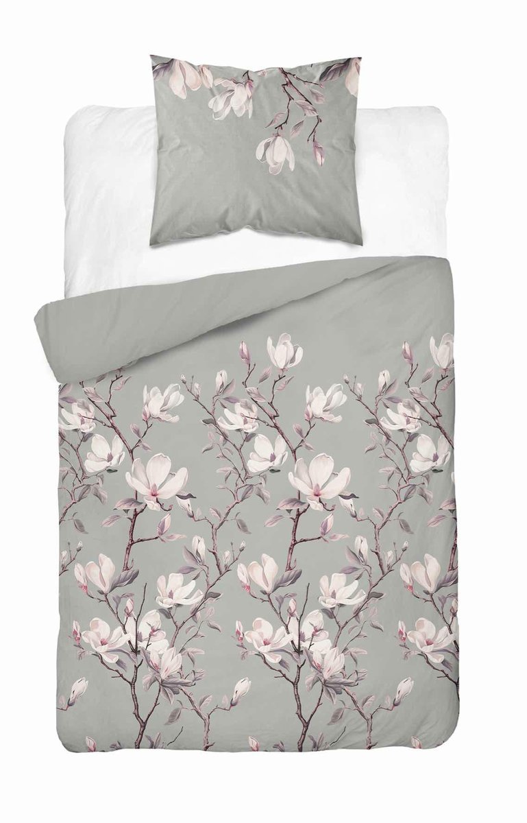 Pościel Szara Z Kwiatami Magnolii Różowej – 140X200 – Kolekcja Naturalis