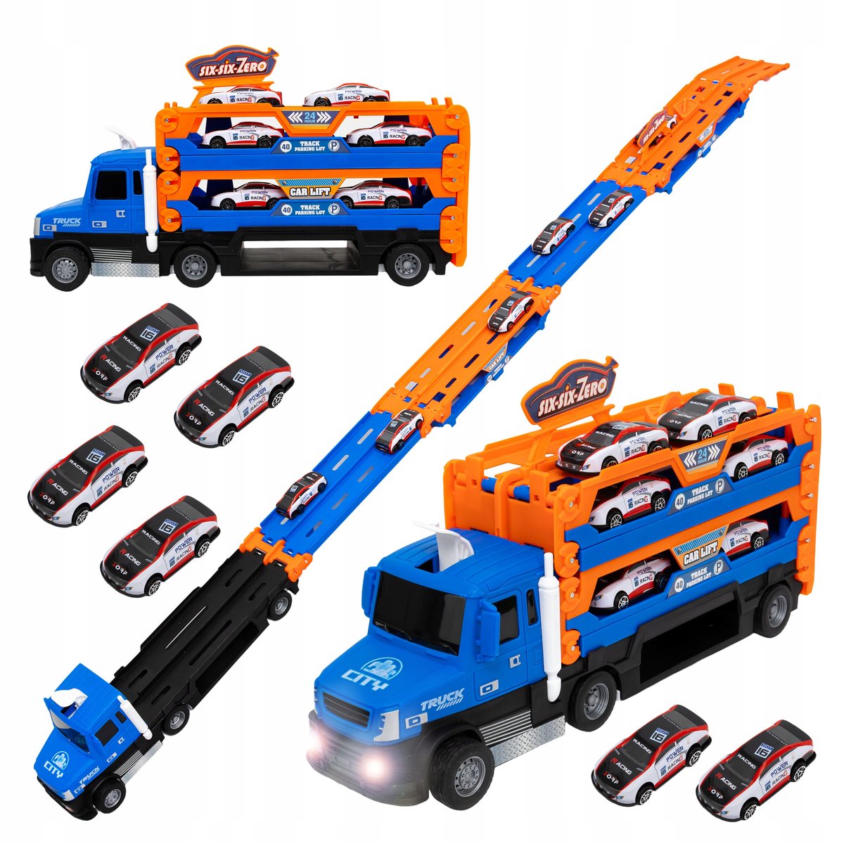 Ciężarówka Wyrzutnia Autek Dla Dzieci Transporter 3W1 140Cm Dźwięk Resoraki