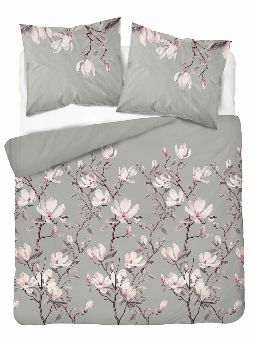 Pościel Szara Z Kwiatami Magnolii Różowej – 160X200 – Kolekcja Naturalis