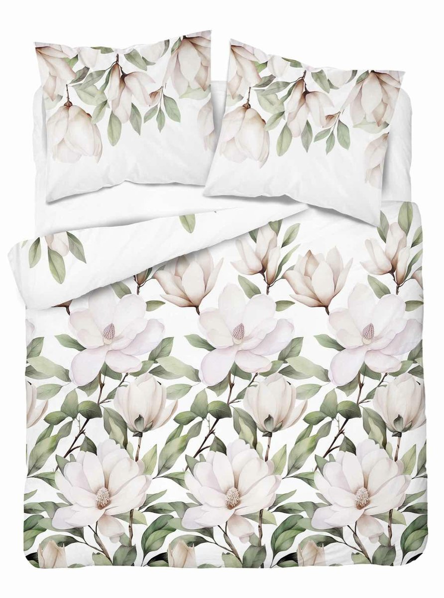 Pościel Biała Z Kremowymi Magnoliami – 220X200 – Kolekcja Naturalis