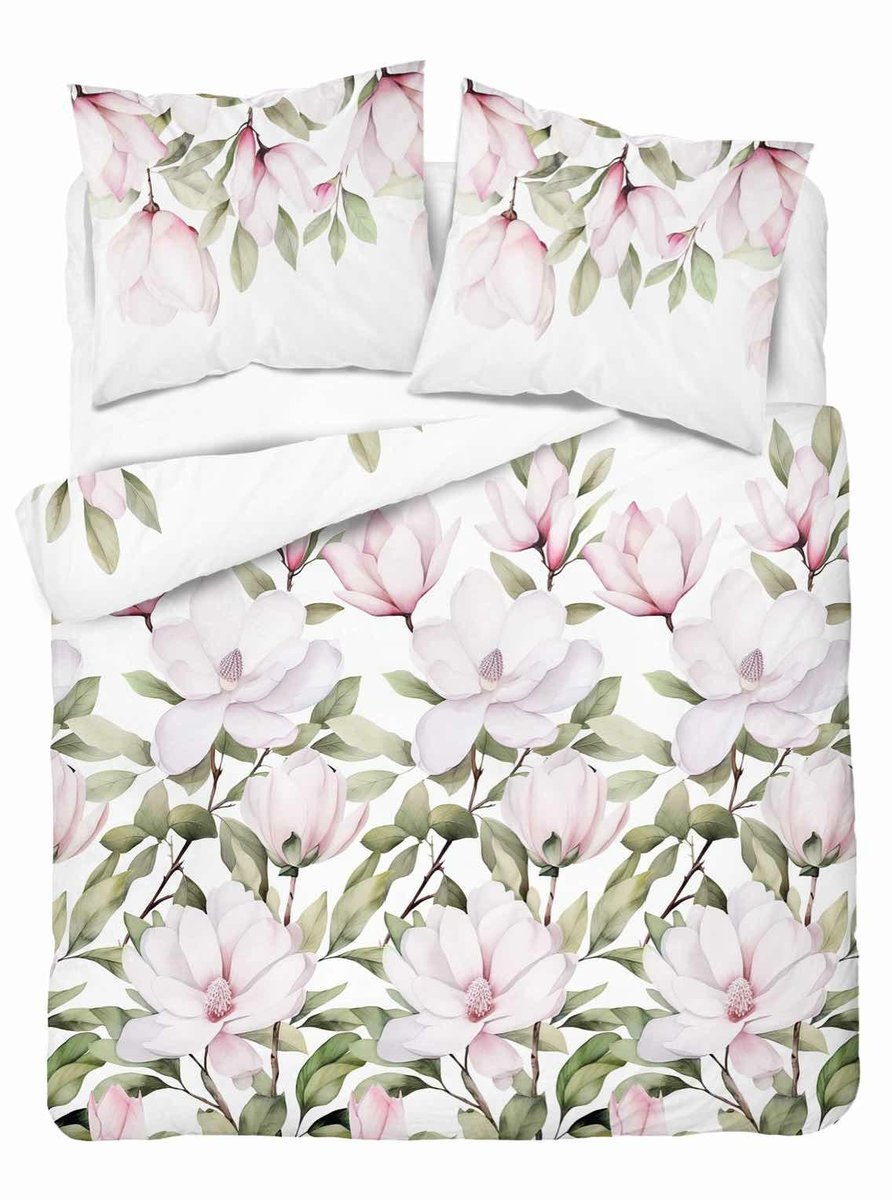 Pościel biała z magnoliami pudrowymi – 220x200 – kolekcja Naturalis