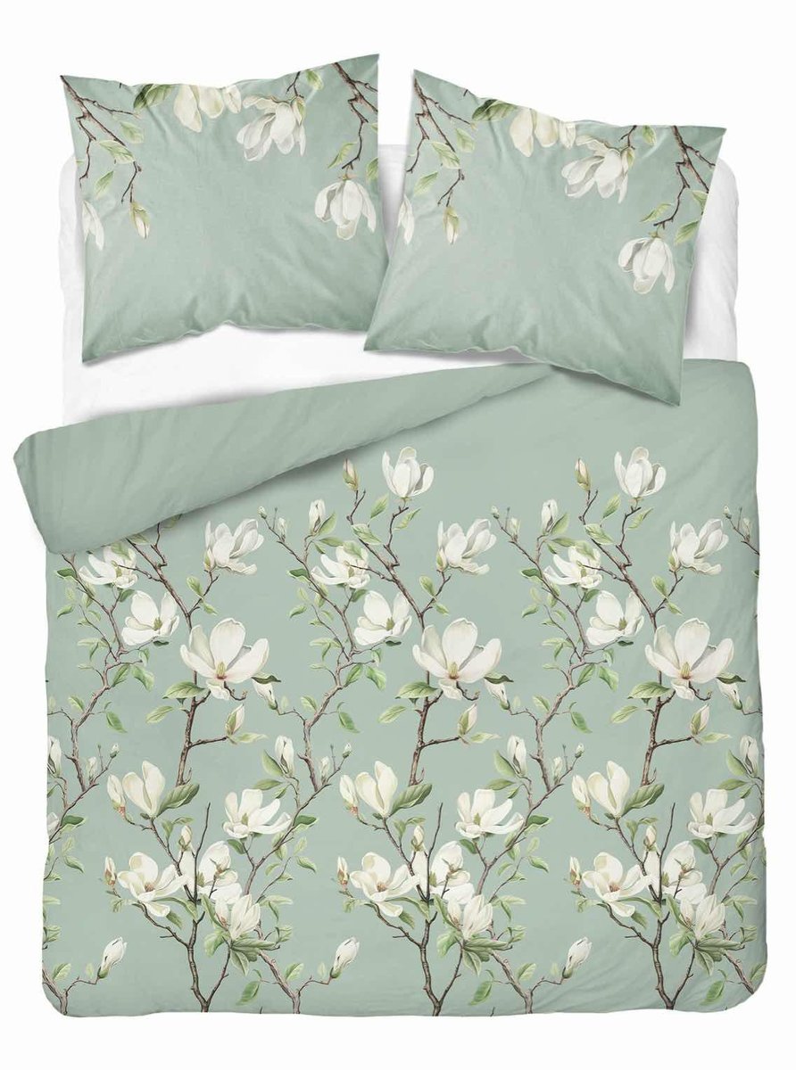 Pościel Miętowa Z Białymi Kwiatami Magnolii – 160X200 – Kolekcja Naturalis