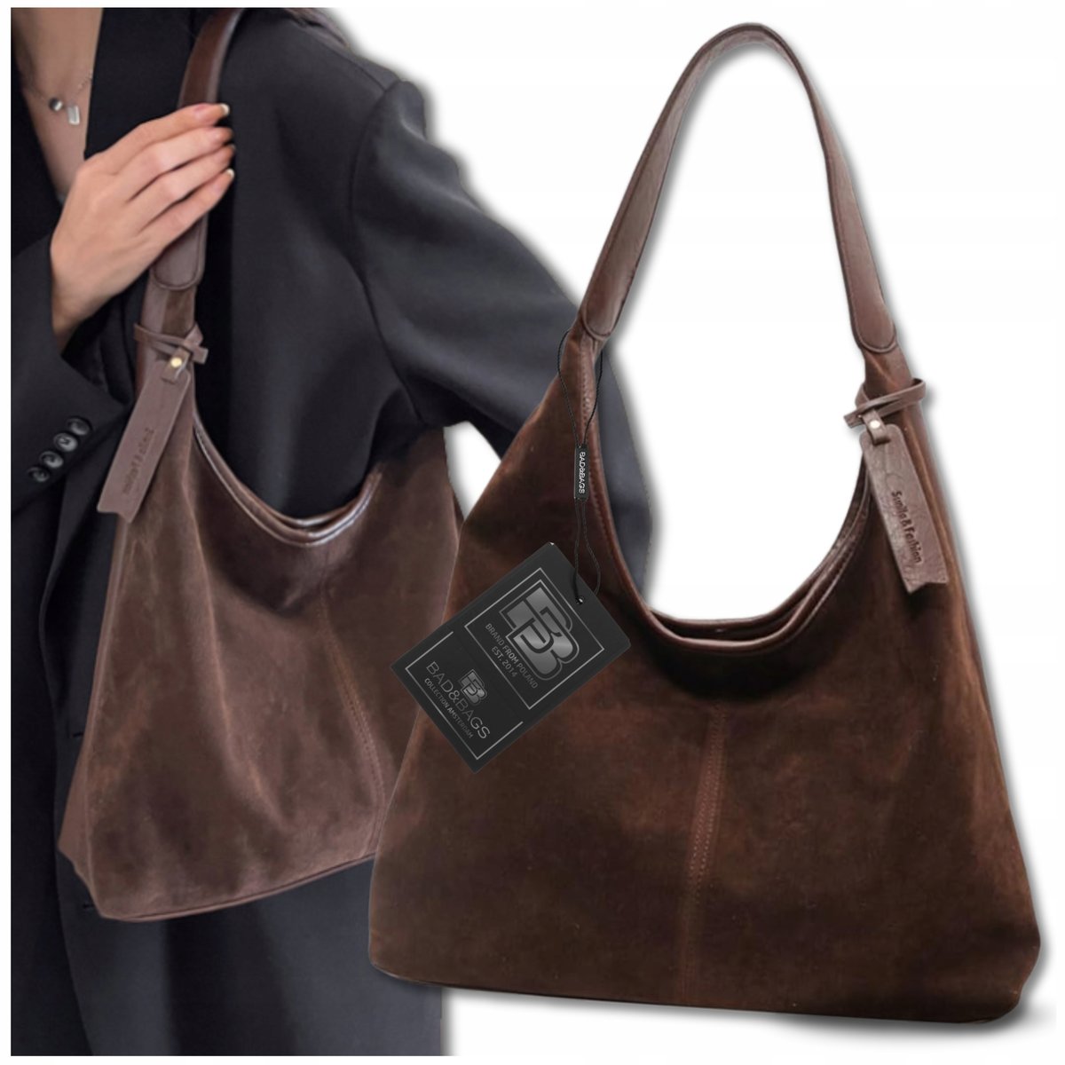 Torebka Damska Zamszowa BAD&BAGS Na Ramię Torba Pojemna Elegancka Brązowa
