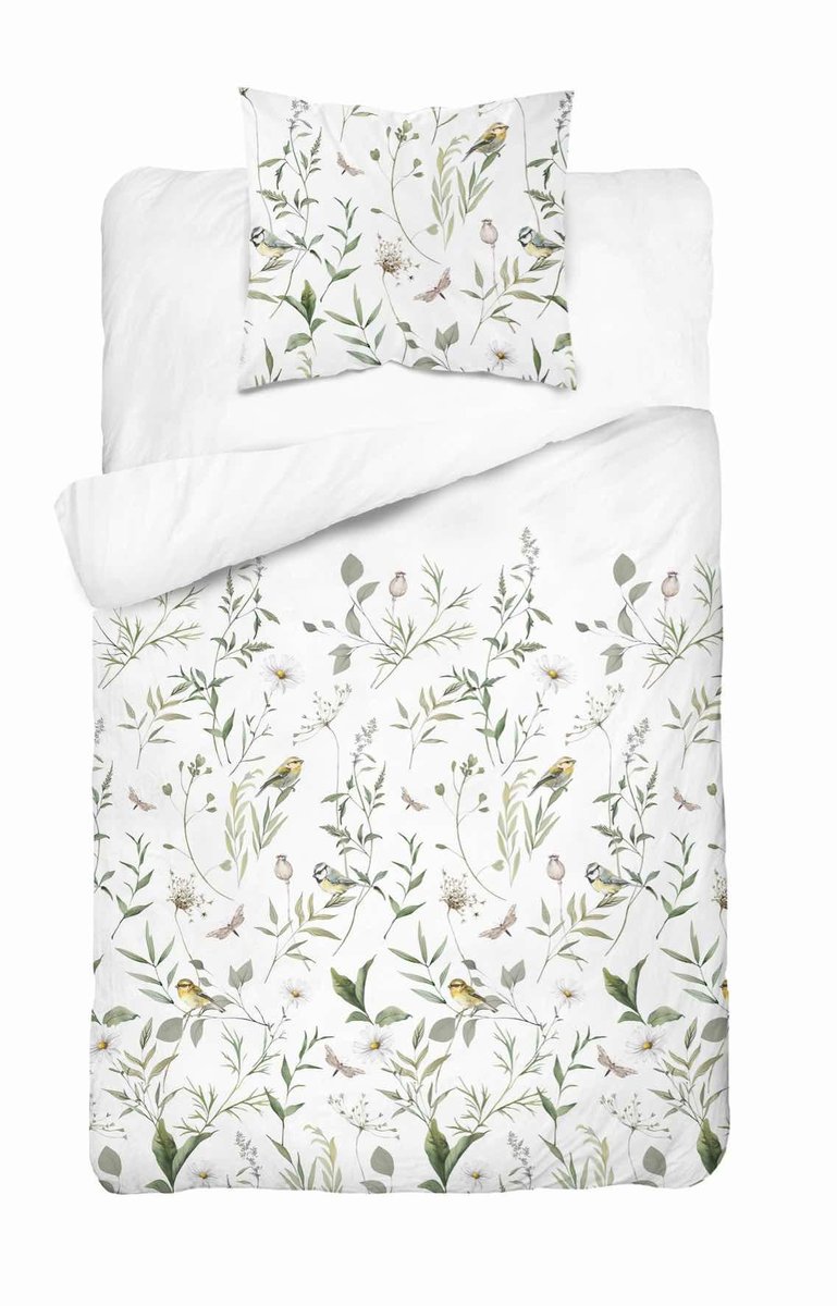 Pościel biała z zielonymi gałązkami i ptakiem – 140x200 – kolekcja Naturalis