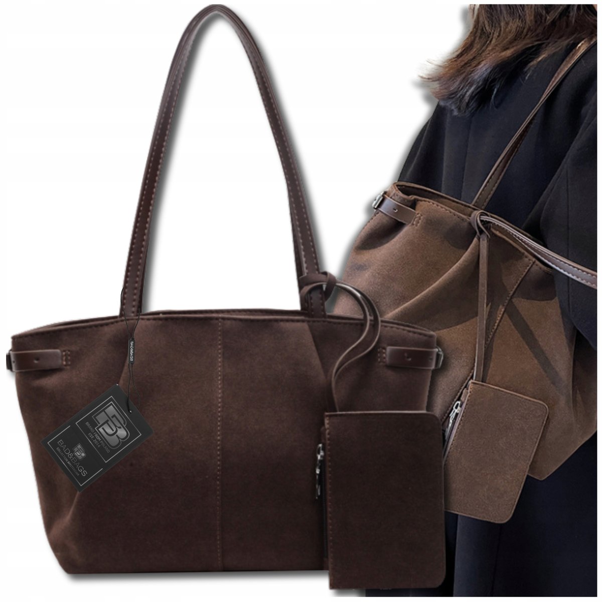 Torebka Damska Zamszowa BAD&BAGS Na Ramię Brązowa Torba Pojemna Elegancka