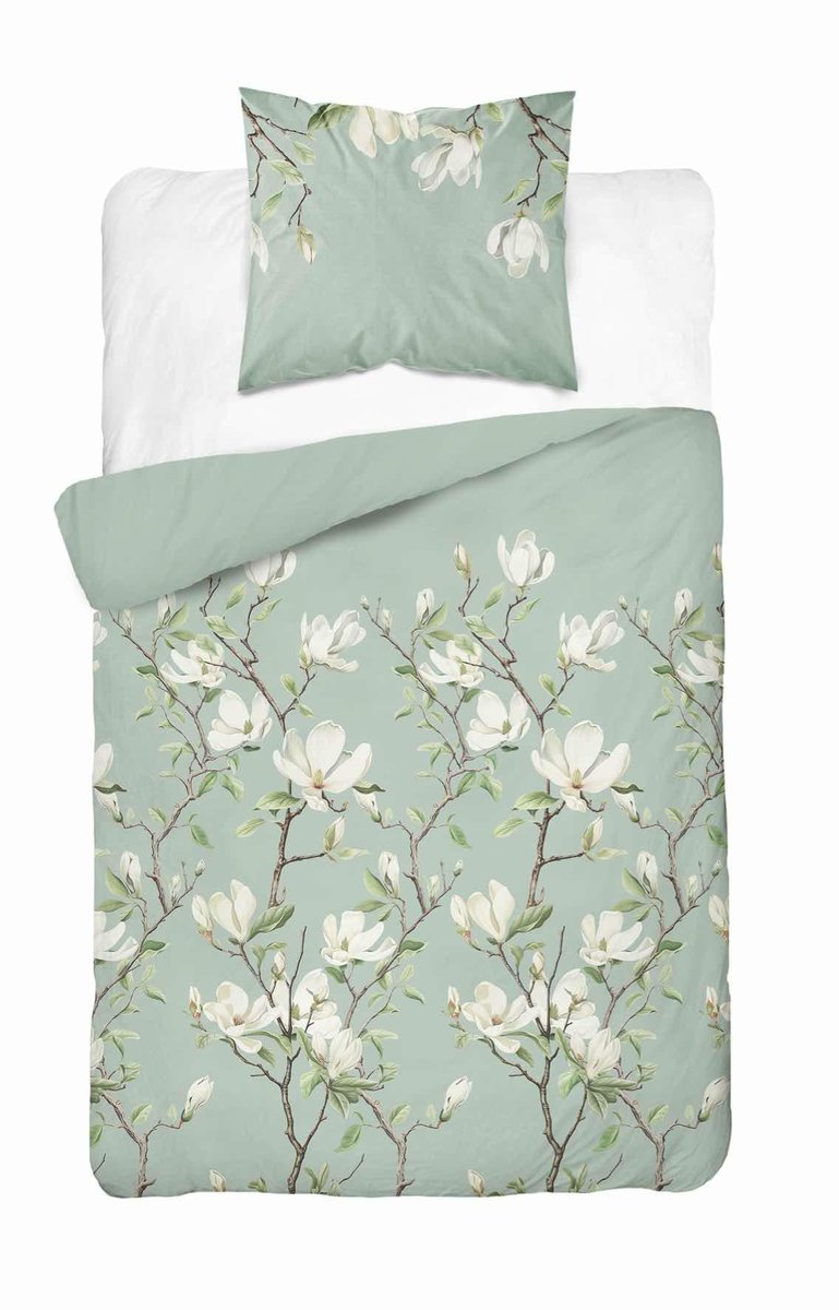 Pościel miętowa z białymi kwiatami magnolii – 140x200 – kolekcja Naturalis