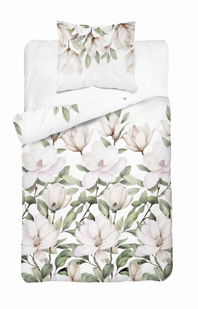 Pościel biała z kremowymi magnoliami – 140x200 – kolekcja Naturalis