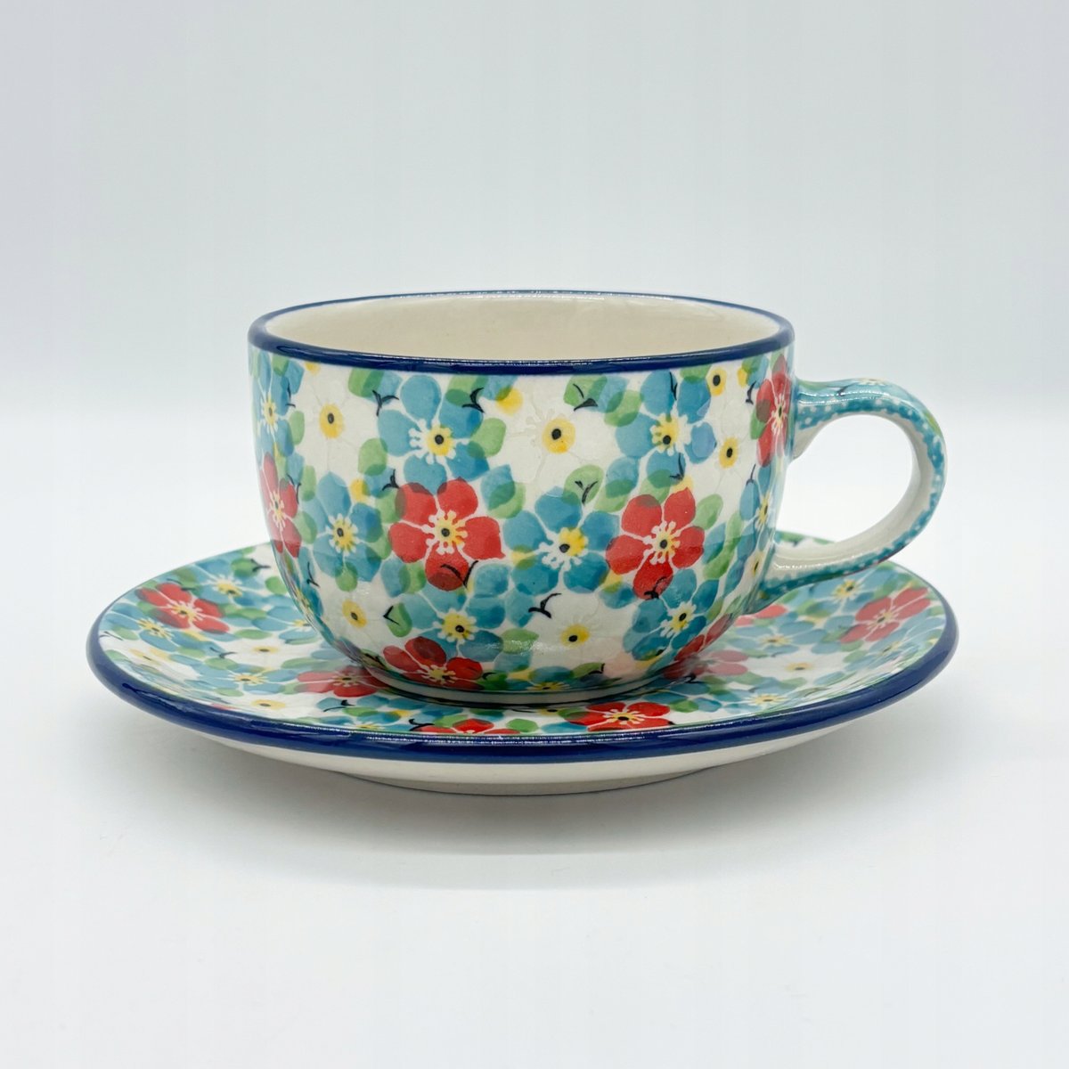 Ręcznie wykonana filiżanka z podstawką – ceramika Bolesławiec 200 ml UNIKAT