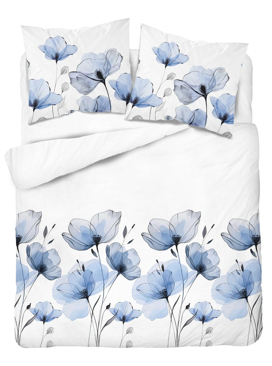 Pościel biała w akwarelowe kwiaty błękitne – 220x200 – kolekcja Naturalis