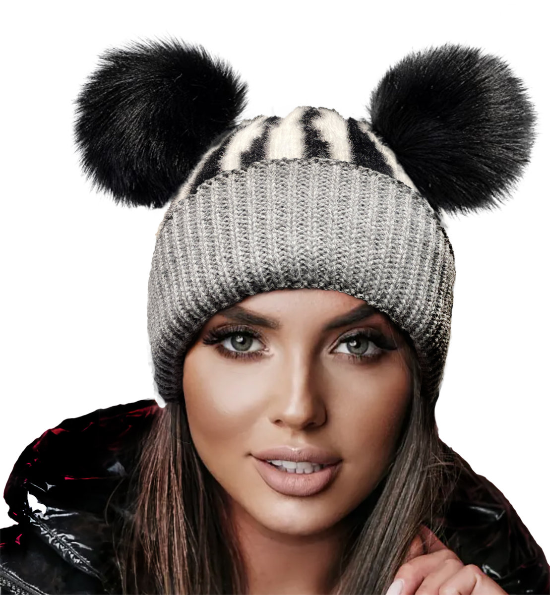 ZIMOWA CZAPKA WOOLK DWA POMPONY ZEBRA GAGA Szara