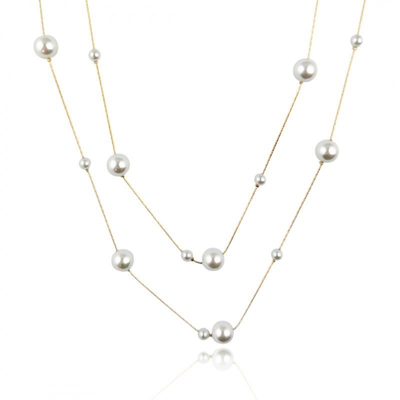 Naszyjnik długi podwójny stal szlachetna pozłacana 14k złotem PEREŁKI NST2189