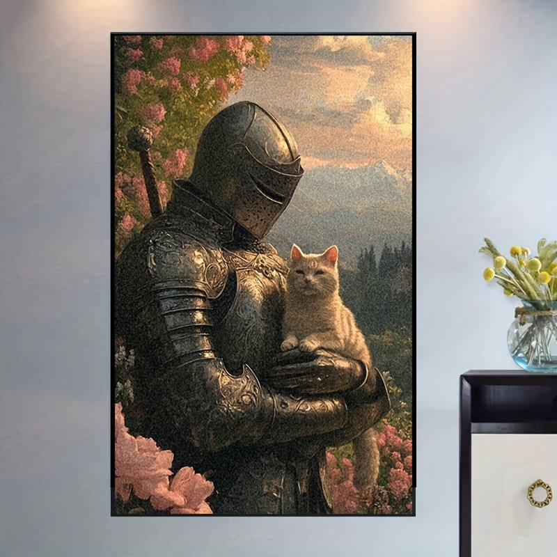 TEMU Największy zestaw do malowania diamentów 5D z pełnym wierceniem, 19,68 x 31,5 cala - Majestatyczna rycerza i kota, okrągłe diamenty na płótnie,