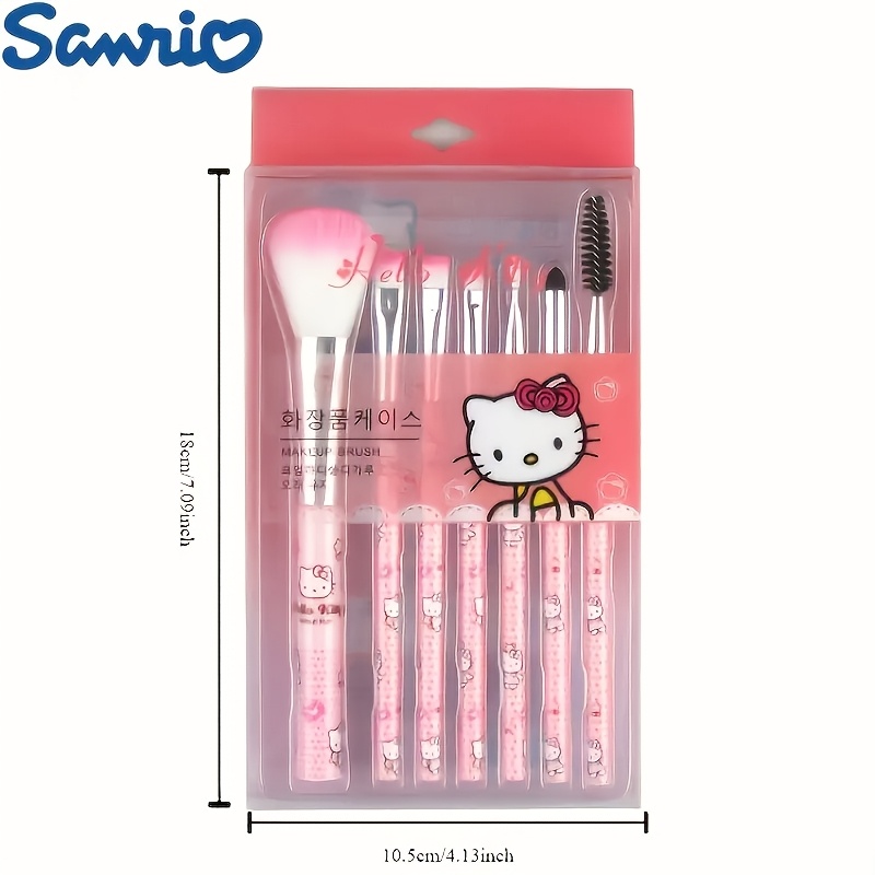 TEMU Zestaw 7 różowych pędzli do makijażu HelloKitty, Owalne pędzle z włosia poliestrowego do różu, brwi, ust, cieni do powiek, Uchwyty z żywicy,