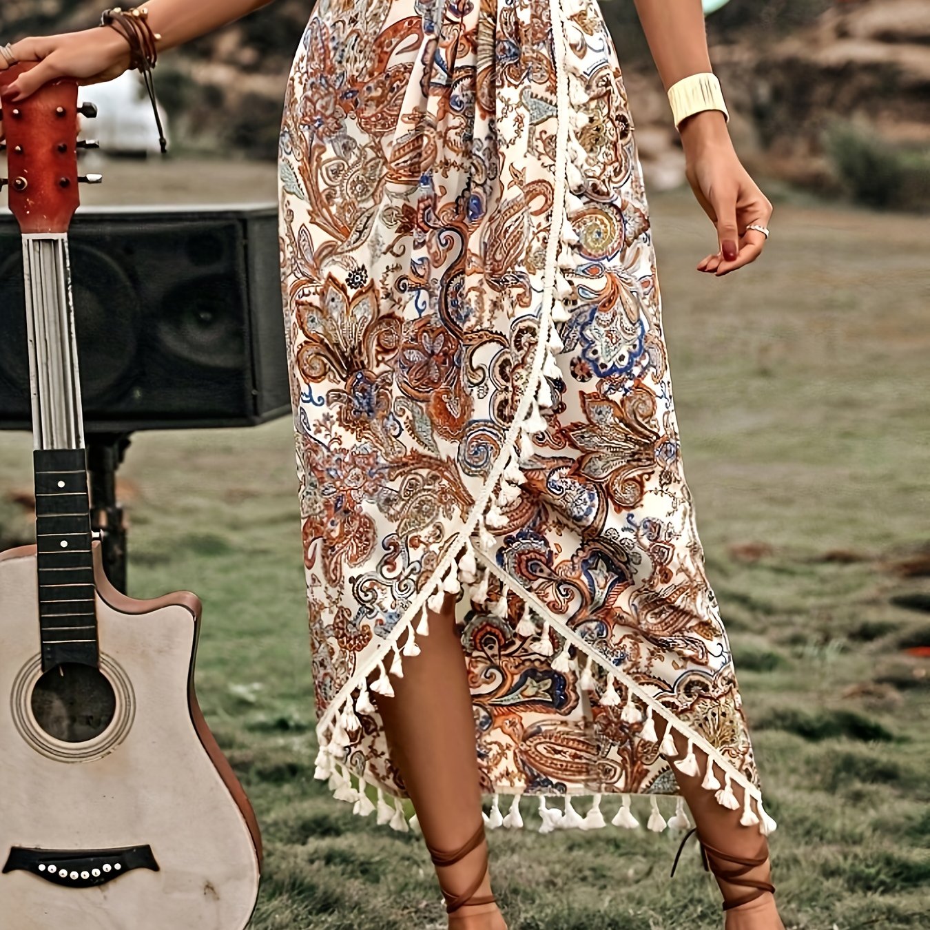 TEMU Sukienka z Frędzlami w Paisley, Plażowa Odzież Wakacyjna dla Kobiet