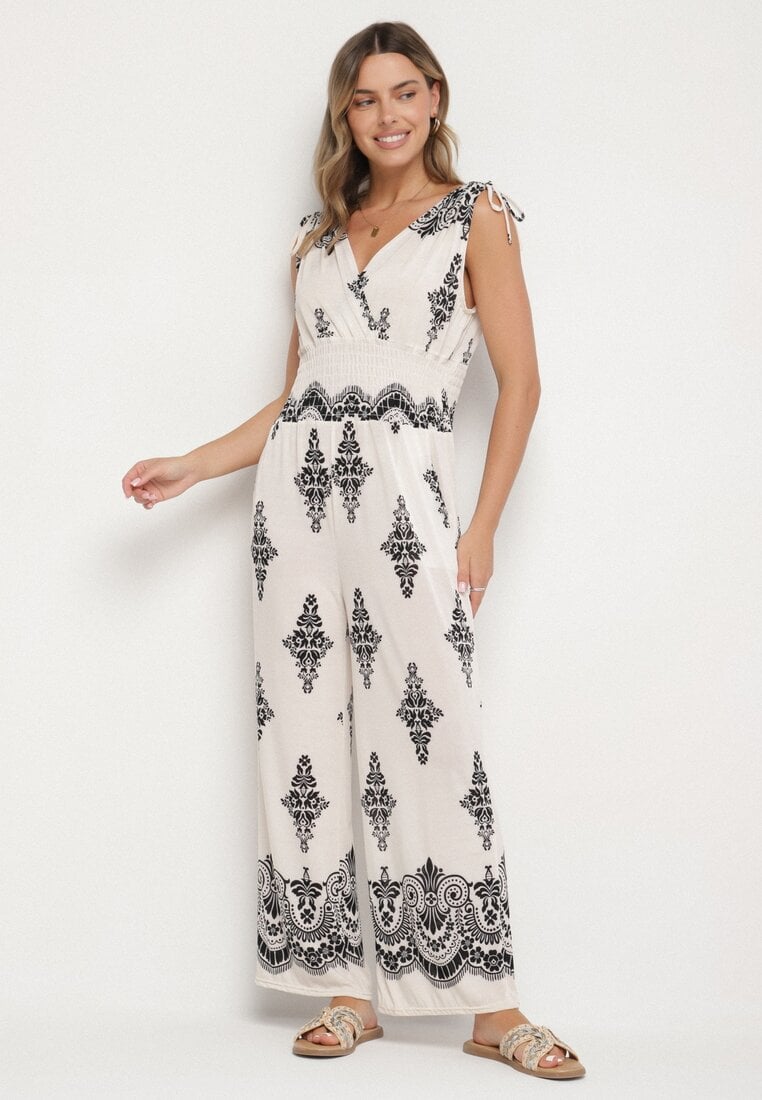 Jasnobeżowy Kombinezon w Orientalny Wzór z Dekoltem w Serek Izena