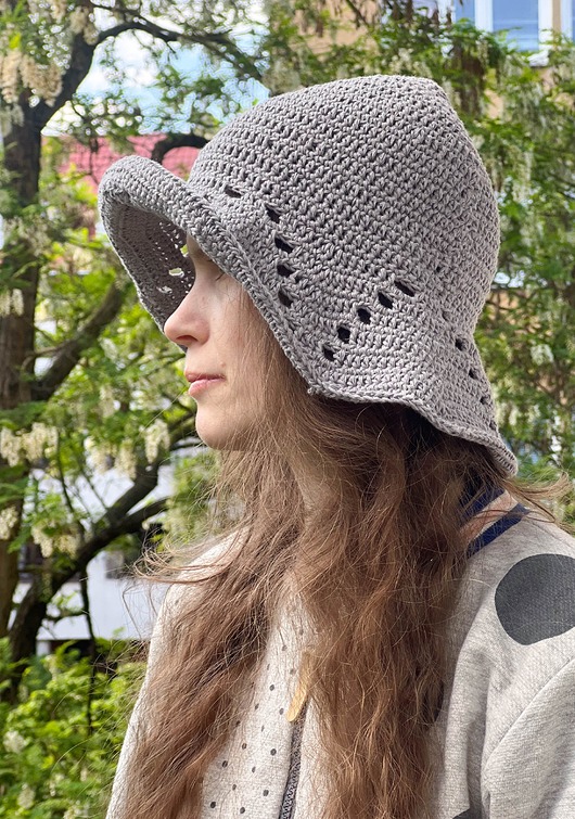 Letni kapelusz bawełniano lniany z ażurem szary