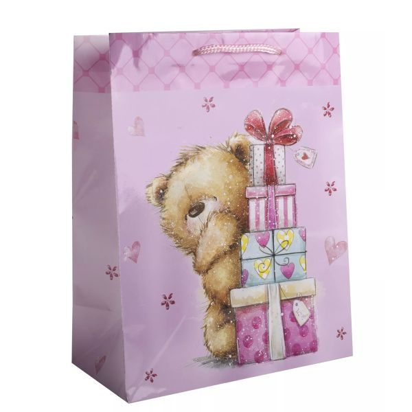 Torebka na prezent z wzorem misia - 18 x 23 cm - różowa