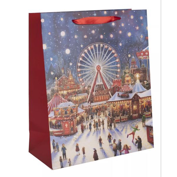 Torba prezentowa ze wzorem jarmarku bożonarodzeniowego - 18 x 23 cm