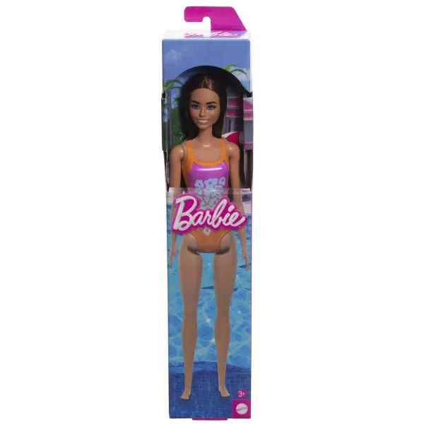 Barbie: Brunetka lalka w różowo-pomarańczowym stroju kąpielowym