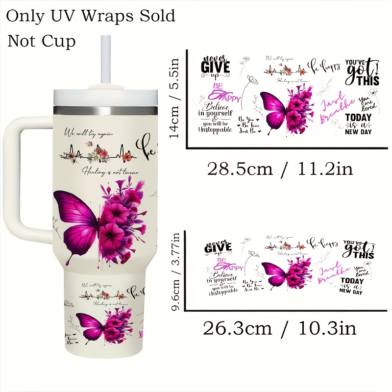 TEMU 2 szt. Pozytywnego i inspirującego motywu motyla UV DTF Transfer Paper do 40 Oz Tumbler Transferów - Wodoodporny i odporny na zarysowania, DIY